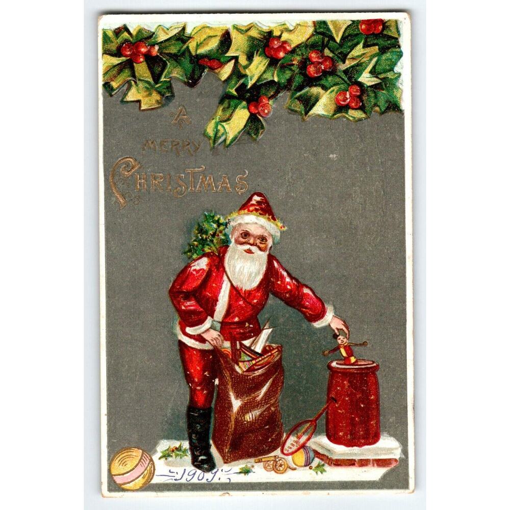 Santa Claus Christmas Postcard St. Nick Puts Toys Down The Chimney Germany 1909